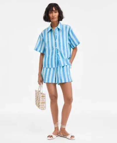 On 34th Womens Cotton Striped Short Sleeve Shirt Pull On Shorts Exclusively At Macys In Blue