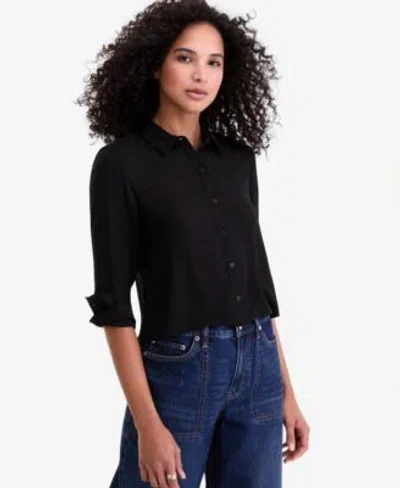 On 34th Womens Cropped Button Down Crepe Shirt Macys Exclusive In Black