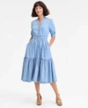 On 34th Women's Denim Puff-sleeve Midi Dress, Macy's Exclusive In Blue