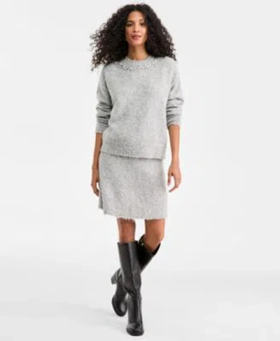 On 34th Womens Embellished Brushed Crewneck Sweater Mini Skirt Macys Exclusive In Gray