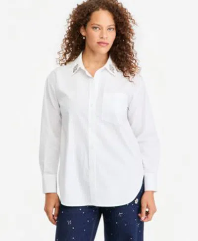 On 34th Womens Embellished Collar Poplin Button Down Shirt Macys Exclusive In White