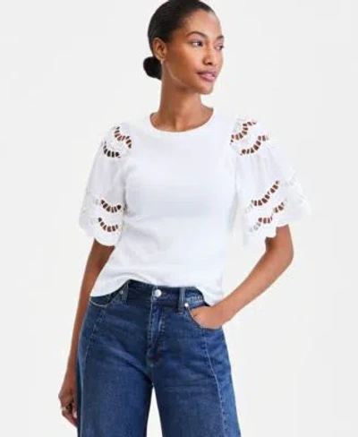 On 34th Womens Eyelet Puff Sleeve Ribbed Knit Top Macys Exclusive In White