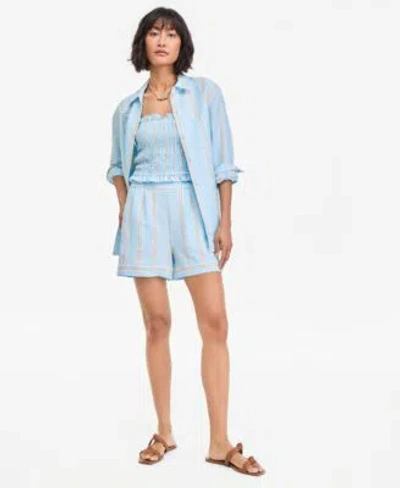 On 34th Womens Kayla Stripe Relaxed Button Down Shirt Smocked Tube Top Pull On Shorts Macys Exclusive In Diamond Blue Combo