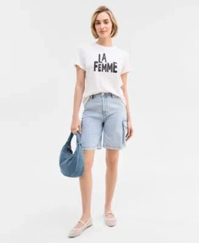 On 34th Womens La Femme Crewneck T Shirt Denim Bermuda Shorts Farroh Flats Harlowwe Bag Exclusively At Macys In Blue Notte
