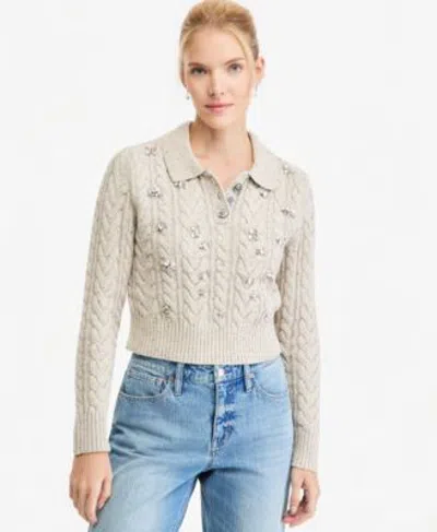 On 34th Womens Long Sleeve Cable Embellished Polo Sweater Macys Exclusive In Rntd Taupe Hthr
