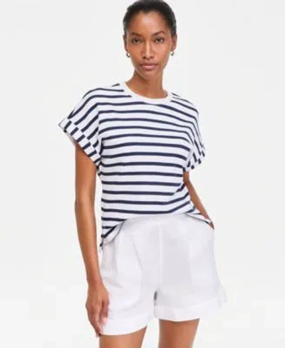 On 34th Womens Primavera Stripe Roll Cuff Top Macys Exclusive In Blue