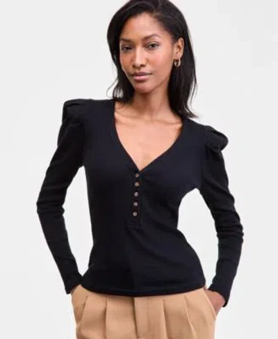 On 34th Womens Puff Shoulder Long Sleeve Henley T Shirt Xxs 4x Macys Exclusive In Black