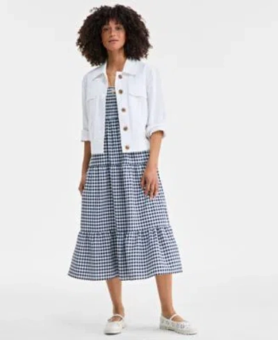 On 34th Womens Relaxed Utility Jacket Printed Tiered Scoop Neck Tank Dress Gold Tone 2 Pc. Set Imitation Pea