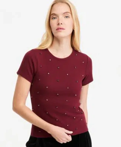 On 34th Womens Ribbed Rhinestone Embellished T Shirt Macys Exclusive In Burgundy