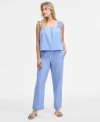 On 34th Womens Ruched Strap Striped Shirting Tank Easy Striped Pull On Pants Exclusively At Macys In Blue Combo