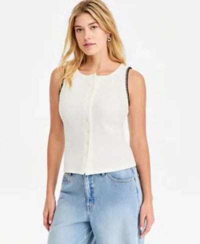 On 34th Womens Sleeveless Rib Knit Whipstitch Button Front Top Macys Exclusive In White