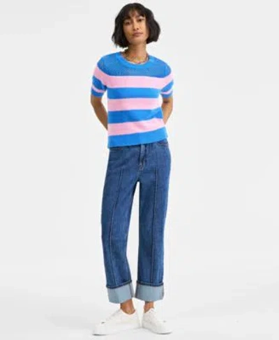On 34th Womens Striped Short Sleeve Sweater High Rise Cuffed Straight Leg Jeans Carriee Flower Sneakers Excl In Multi
