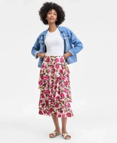 On 34th Womens Tiered Ruffle Midi Skirt Xxs 3x Macys Exclusive In Pink Dragnfruit