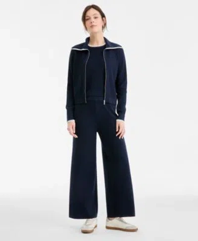 On 34th Womens Tipped Zip Up Cardigan Sleeveless Sweater Pull On Pants Macys Exclusive In Blue