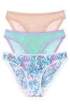 On Gossamer Mesh Hip Bikinis, Set Of 3 In Champagne/blue Radiance/shadow