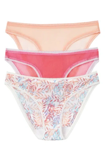 On Gossamer 3-pack Mesh Hip Bikinis In Coral/pink/floral