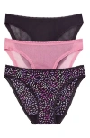 On Gossamer 3-pack Mesh Hip Bikinis In Black/confetti/mauve Orchid