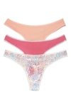 On Gossamer 3-pack Mesh Thongs In Coral/ Pink/ Floral