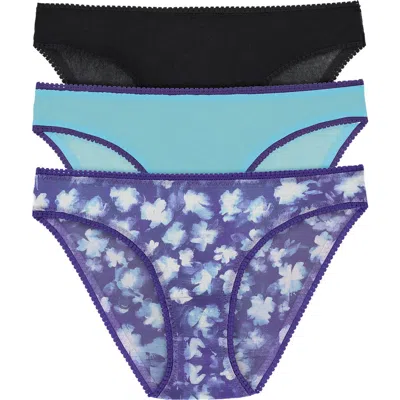 On Gossamer 3-pack Mesh Hip Bikinis In Black/dlphnm Blu/hvnly Floral