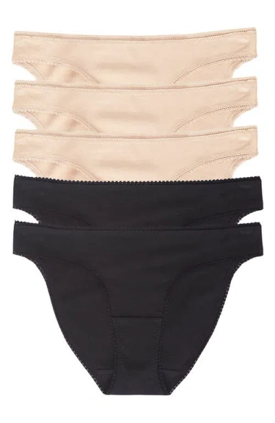 On Gossamer Women's Cabana Cotton Hip Bikini 5 Pack Underwear In Black,champagne