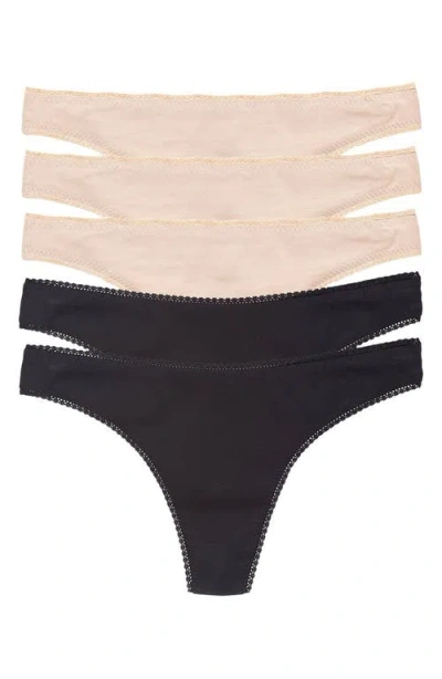On Gossamer 5-pack Cabana Stretch Cotton Hip-g Thongs In Black,champagne