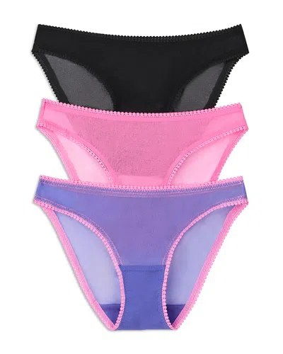 On Gossamer Mesh Hip Bikinis, Set Of 3 In Black/pink Cosmos/baja Blue