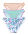 On Gossamer Mesh Hip Bikinis, Set Of 3 In Champagne/blue Radiance/shadow Floral