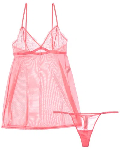 On Gossamer Ongossamer Luxe Lace Chemise & String Thong Set In Pink