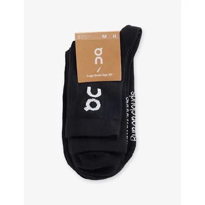 On Mens Black Logo Ribbed Pack Of Three Stretch-cott Blend Socks