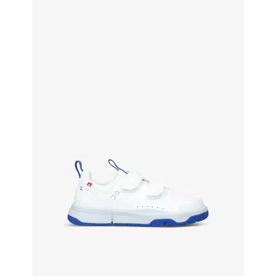 ON WHITE/NAVY KIDS' THE ROGER LOGO-PRINT LEATHER LOW-TOP TRAINERS EUR 29 / 11 UK