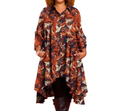 On The Plus Side 3/4 Sleeve Birdie Plus Size Tunic Dress With Pockets In Burnt Orange Brush In Multi