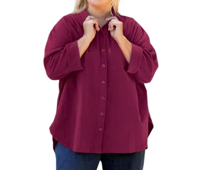 On The Plus Side 3/4 Sleeve Crinkle Cotton Long Sleeve Button Up - Plus In Oxblood In Brown