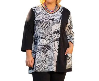 On The Plus Side 3/4 Sleeve V-neck Helen Tunic - Plus In Artist Sketch In Multi