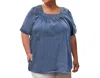 On The Plus Side Chambray Short Sleeve Pop Over Top - Plus In Dark Wash Denim In Multi