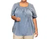 On The Plus Side Chambray Short Sleeve Pop Over Top - Plus In Light Wash Denim In Multi