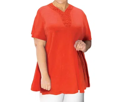 On The Plus Side Cotton Applique Short Sleeve V-neck Top - Plus In Red