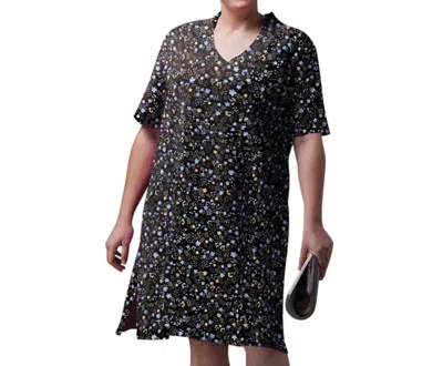 On The Plus Side Cotton Ultra Soft Short Sleeve Sleep Tee - Plus In Black Ditsy Floral In Multi