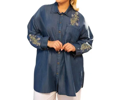 On The Plus Side Embroidered Long Sleeve Oversize Tunic - Plus In Denim In Blue