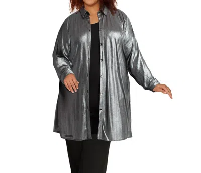 On The Plus Side Long Sleeve Button Up Rodie Oversize Tunic - Plus Size In Metallic Silver