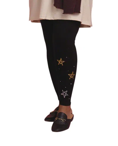 On The Plus Side Plus Size Hand-painted Cotton Leggings In Black Star