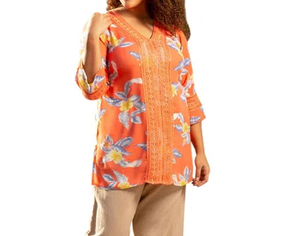 On The Plus Side Print Tatum Bracelet Sleeve V-neck Tunic - Plus Size In Island Sunrise In Orange
