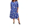 On The Plus Side Printed 3/4 Sleeve Edyth Dress - Plus Size In Blue Floral In Blue