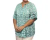 On The Plus Side Printed 3/4 Sleeve Mandarin Roll Button Blouse - Plus In Floral Blue In Multi