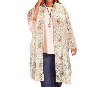 On The Plus Side Printed Long Sleeve Lace Chiffon Duster - Plus In Ivory Floral In Multi