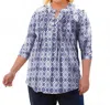 On The Plus Side Printed Pleated 3/4 Sleeve Mandarin Collar Tunic Top In Blue In Blue