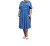 On The Plus Side Printed Short Sleeve Double Pocket Jaclyn Dress - Plus Size In Blue Stripe In Blue