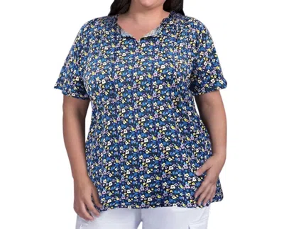 On The Plus Side Printed Short Sleeve Ruffle And Tie Top - Plus In Blue Multi Floral