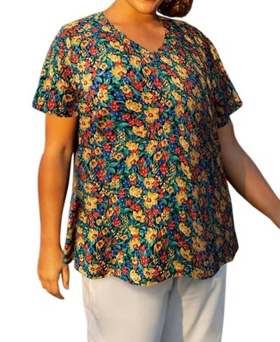 On The Plus Side Printed Short Sleeve V-neck Tunic - Plus In Painted Garden In Multi