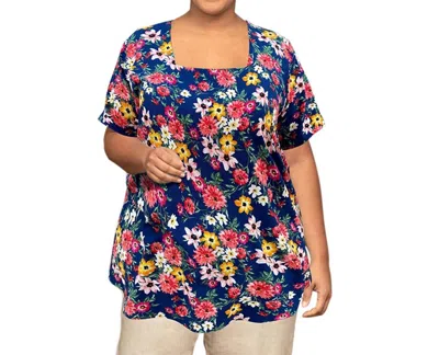 On The Plus Side Printed Square Neck Tunic - Plus In Navy Ground Floral In Blue