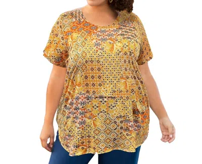 On The Plus Side Printed Tyler Flair Short Sleeve Top - Plus Size In Yellow Patchwork In Multi